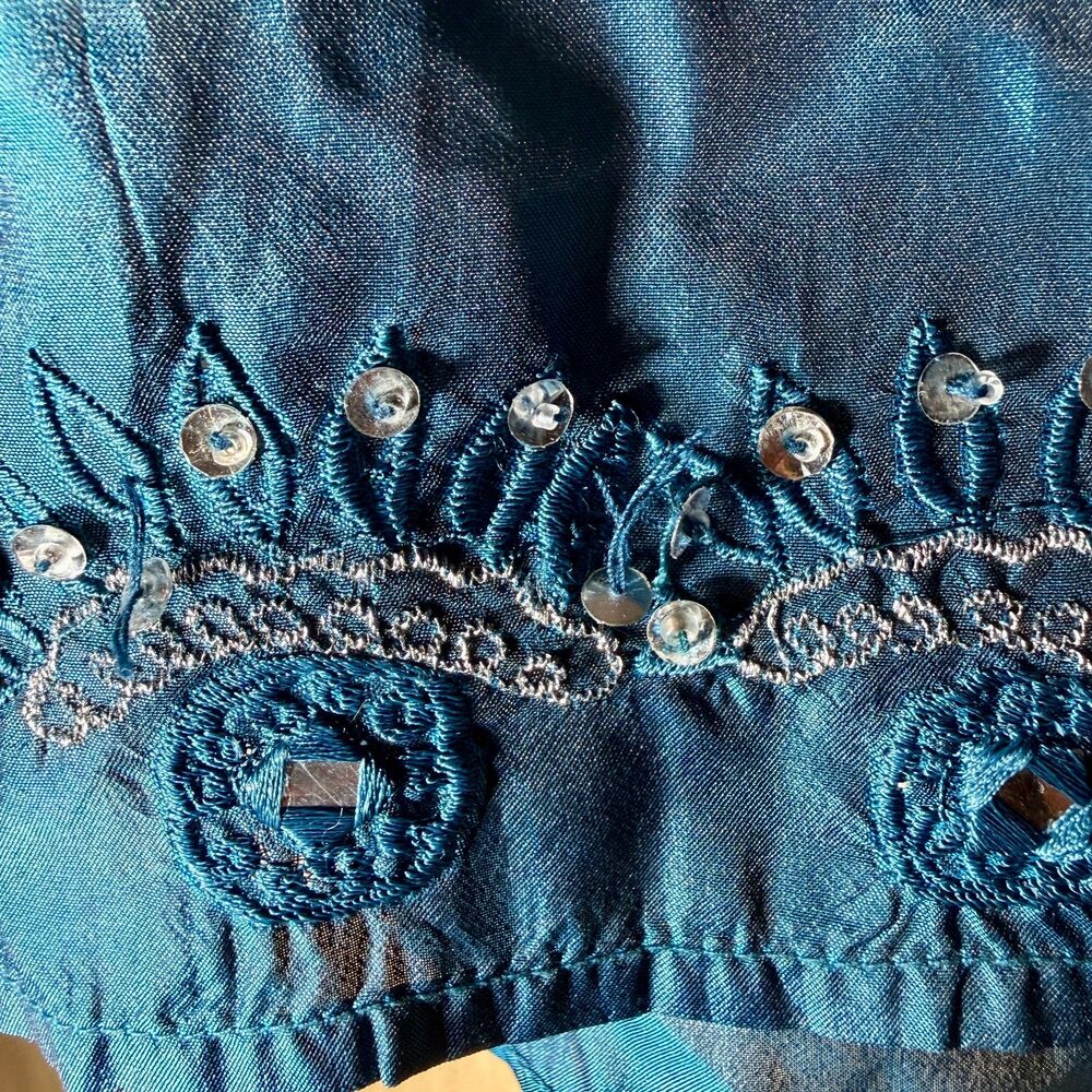 Vintage 90s PASSPORT Embroidered Top Blue Boho Metallic Rayon India Large - Picture 8 of 9